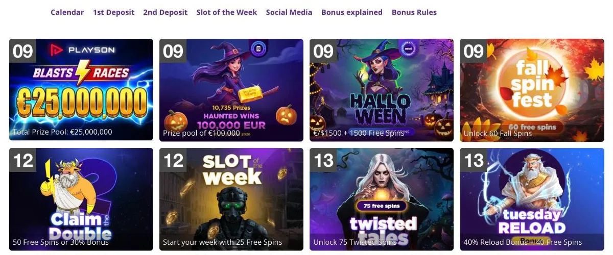 Omni Slots promotions calendar for October with Playson Blasts and Races, BGaming Haunted Wins, the Halloween tournament, Claim the Double and the Tuesday Reload