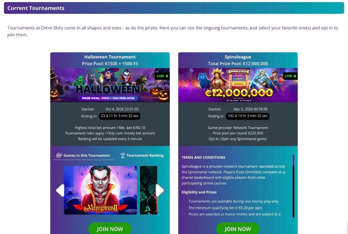 Omni Slots tournaments page with the Halloween Tournament worth €1,500 + 1,500 FS and the €12,000,000 Spinoleague