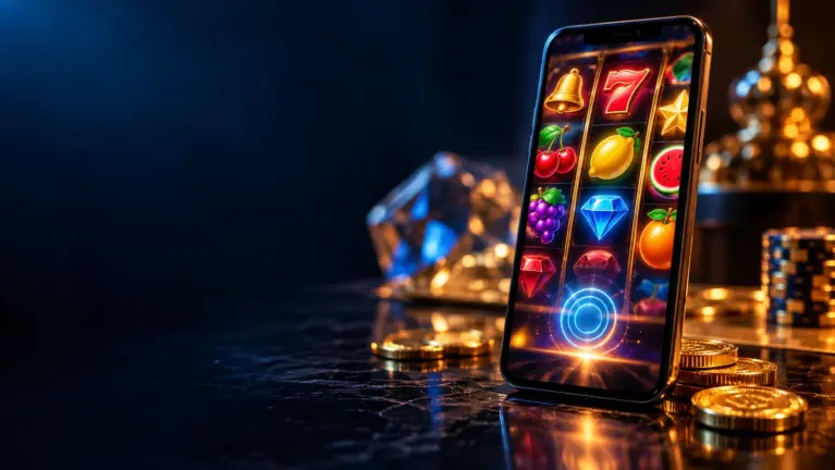 A smartphone on a dark desk showing colourful slot reels with a touch ripple on the screen