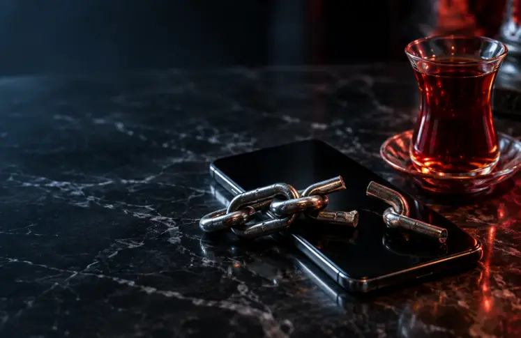 PayFix casinos header: smartphone under a broken chain beside a tulip glass of tea on dark marble