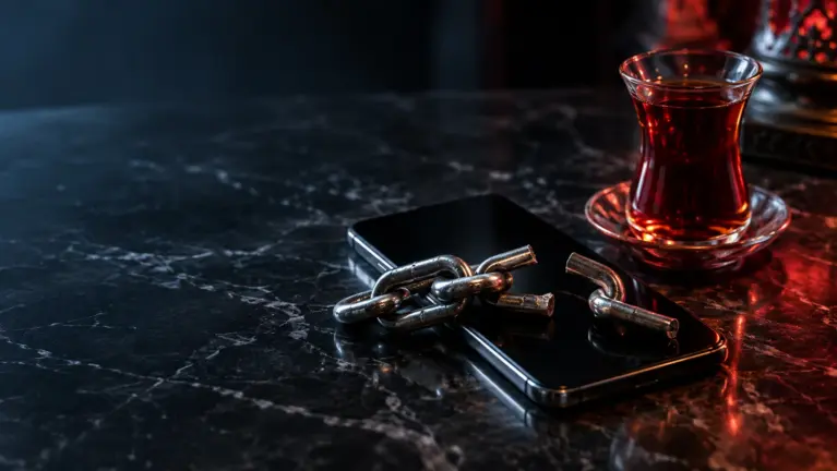PayFix casinos header: smartphone under a broken chain beside a tulip glass of tea on dark marble
