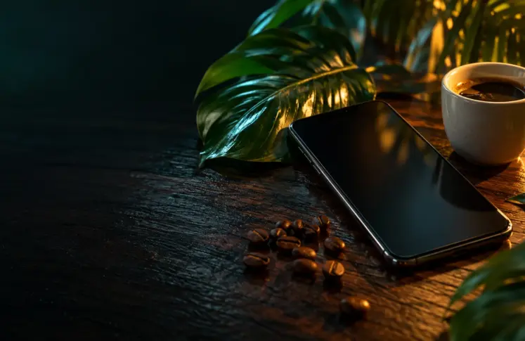 PicPay casinos header: smartphone with tropical leaves, a cup of coffee and coffee beans on dark wood