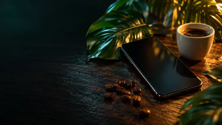 PicPay casinos header: smartphone with tropical leaves, a cup of coffee and coffee beans on dark wood