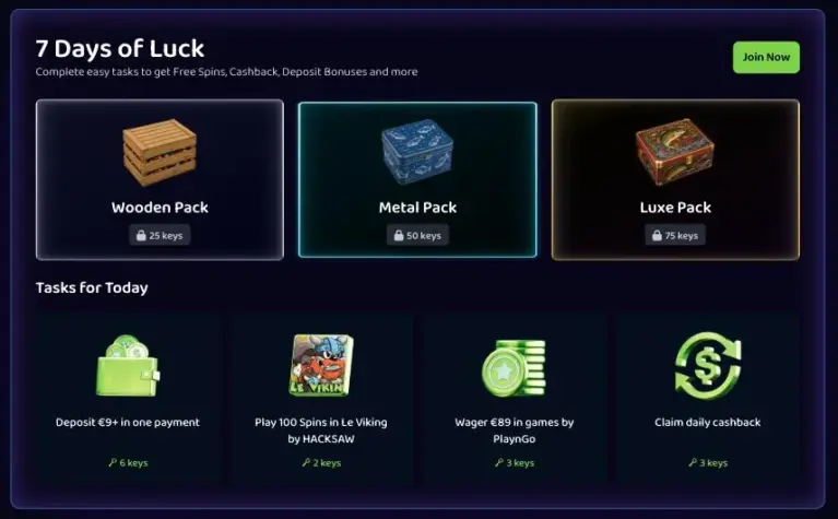7 Days of Luck newcomer tasks with Wooden, Metal and Luxe packs