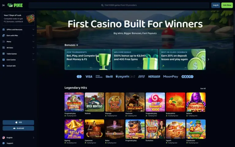 Pike Casino homepage with the welcome bonus, cashback and tournament banners
