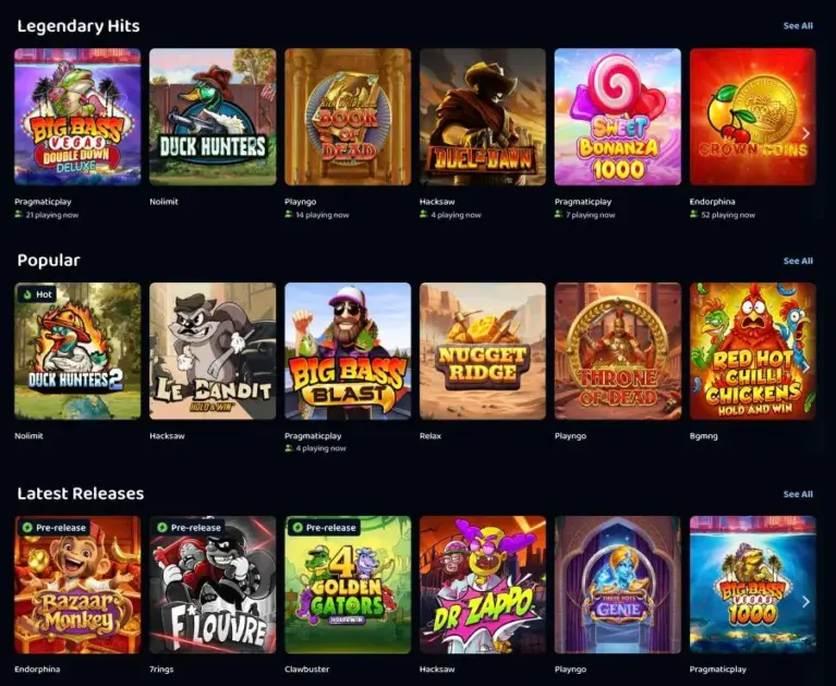 Slots lobby with Legendary Hits, Popular and Latest Releases rows