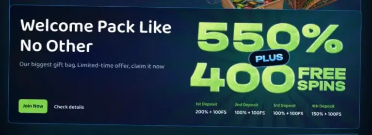 Pike Casino welcome pack of 550% and 400 free spins over four deposits