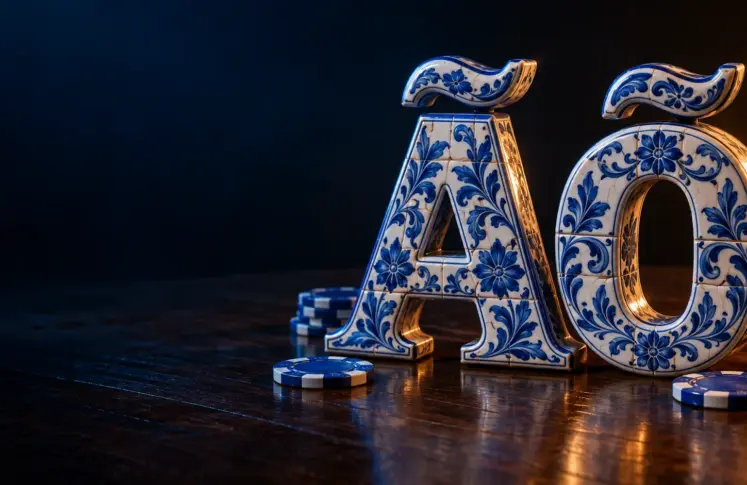Blue and white azulejo ceramic letters Ã and Õ with casino chips on dark wood, header for Portuguese language online casinos