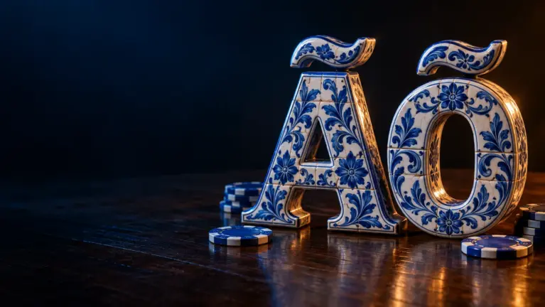 Blue and white azulejo ceramic letters Ã and Õ with casino chips on dark wood, header for Portuguese language online casinos