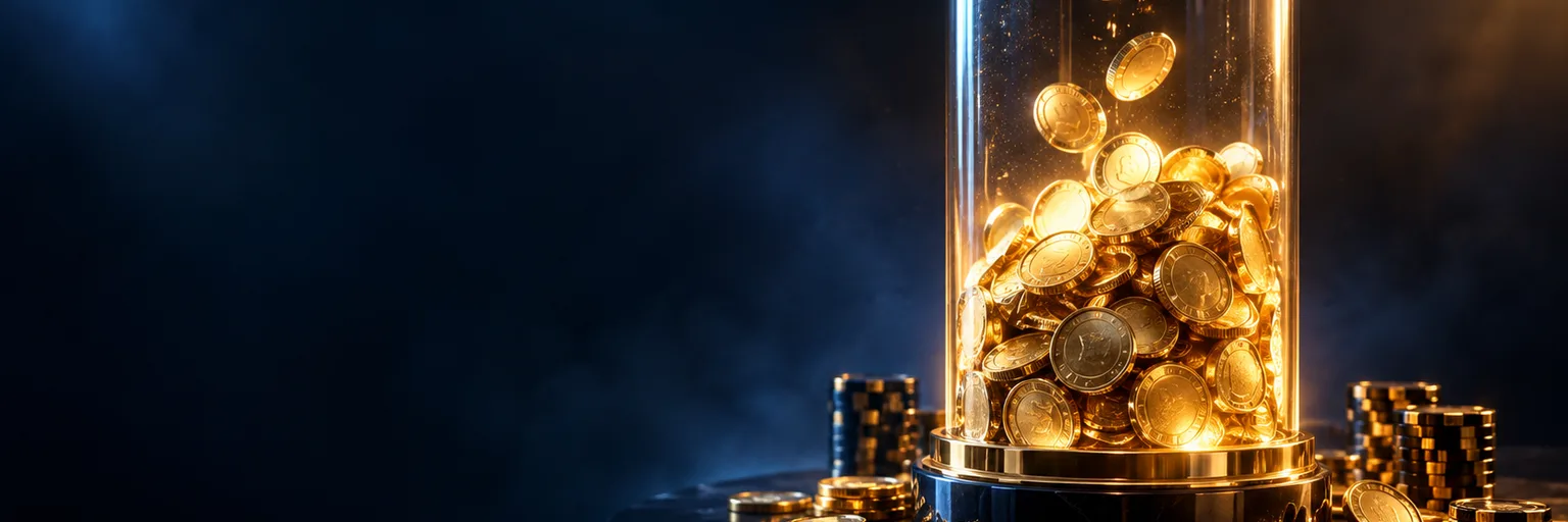 Glass column filling with gold coins like a progressive jackpot meter