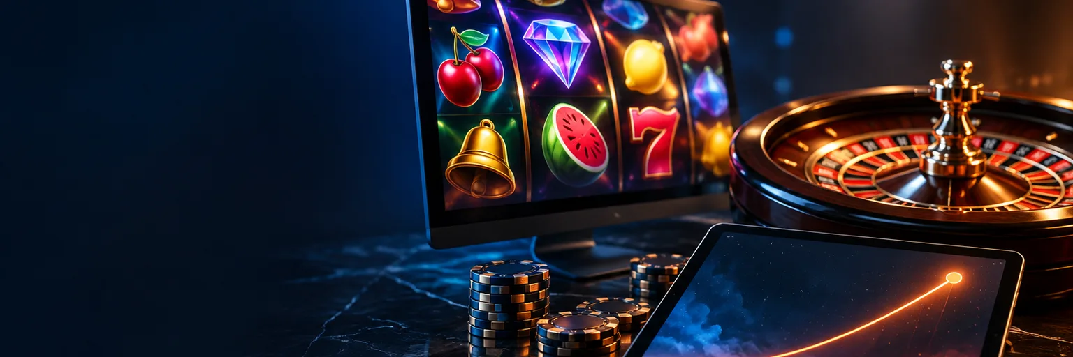 Slot reels, a roulette wheel and a crash game graph from three kinds of casino game studios