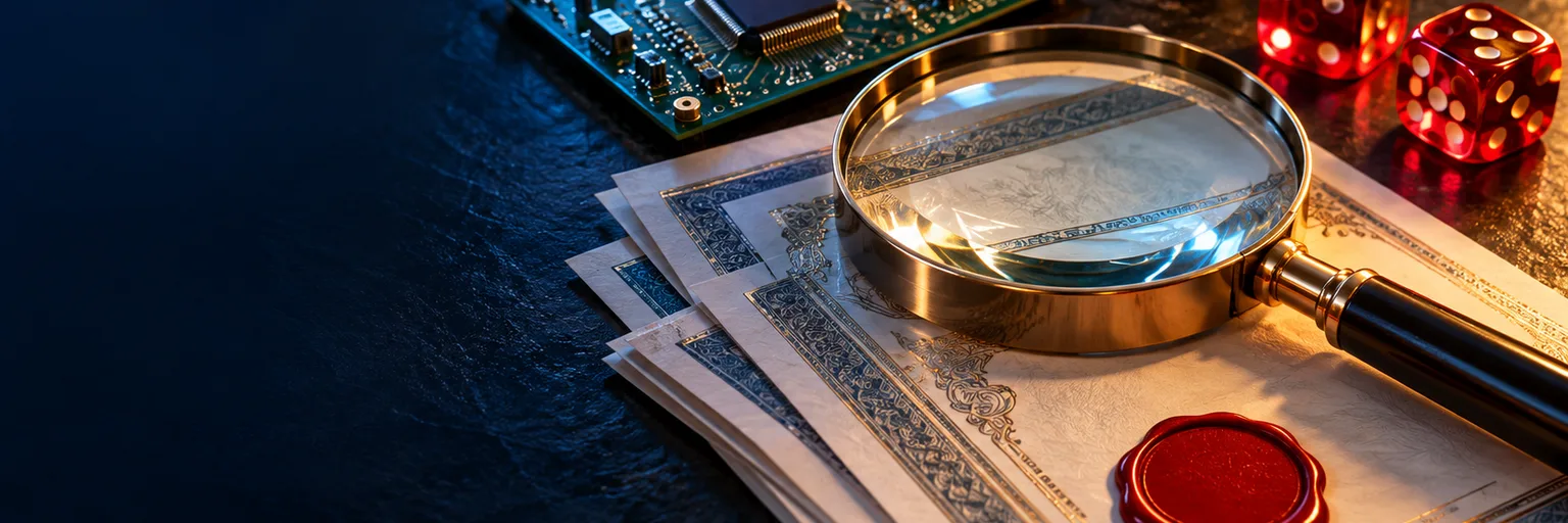 Magnifying glass over sealed test certificates next to a circuit board and dice