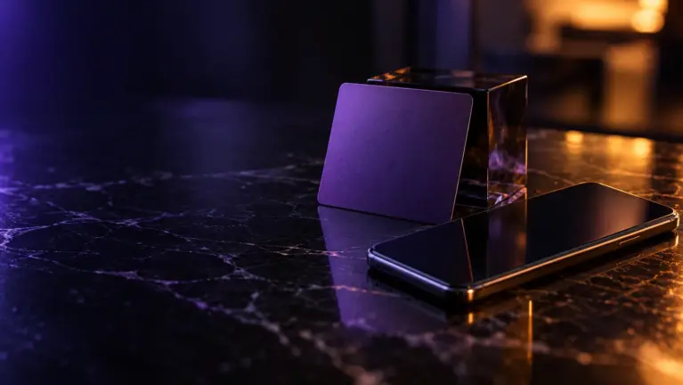 PurplePay casinos header: a purple card leaning against a glass cube beside a smartphone