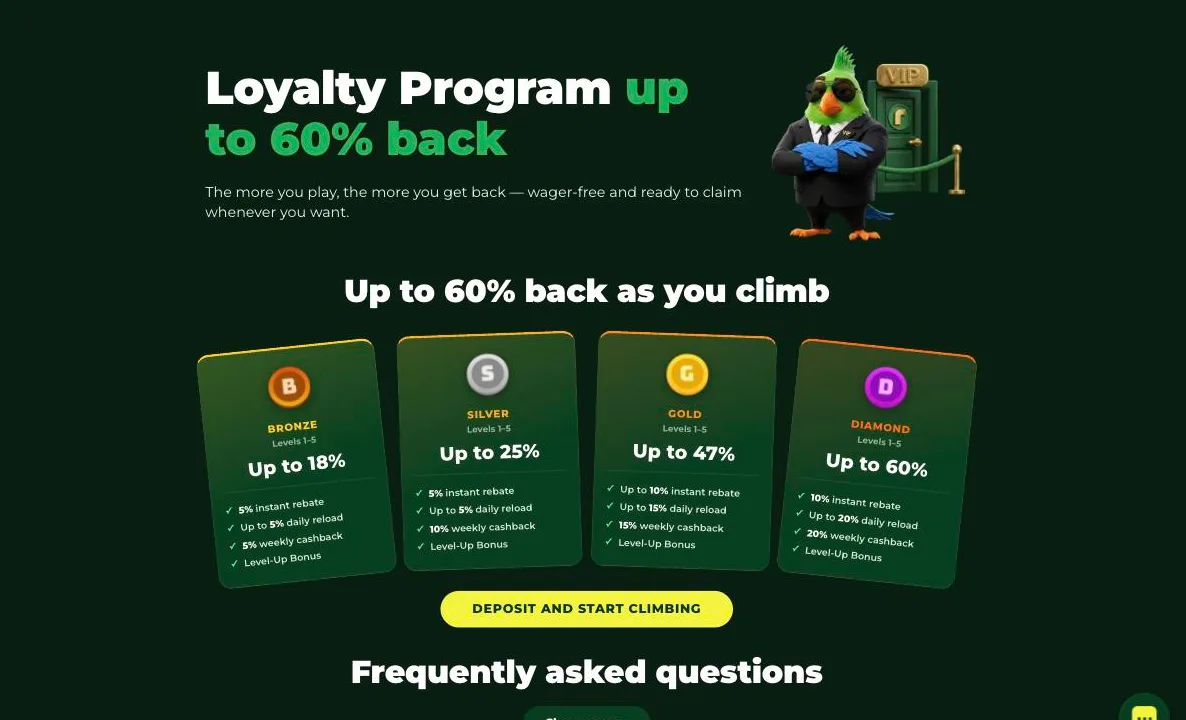 RioPlay Casino loyalty program with Bronze, Silver, Gold and Diamond tiers and up to 60% back