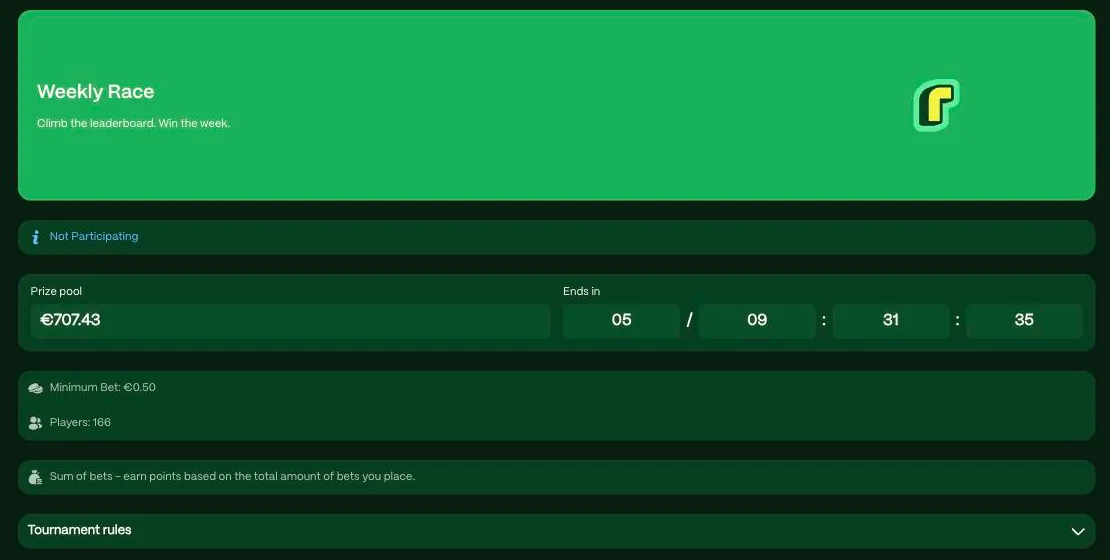 RioPlay Casino weekly race tournament page with prize pool, minimum bet and player count