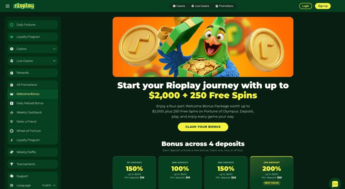 RioPlay Casino welcome page with up to 2,000 USD and 250 free spins over four deposits