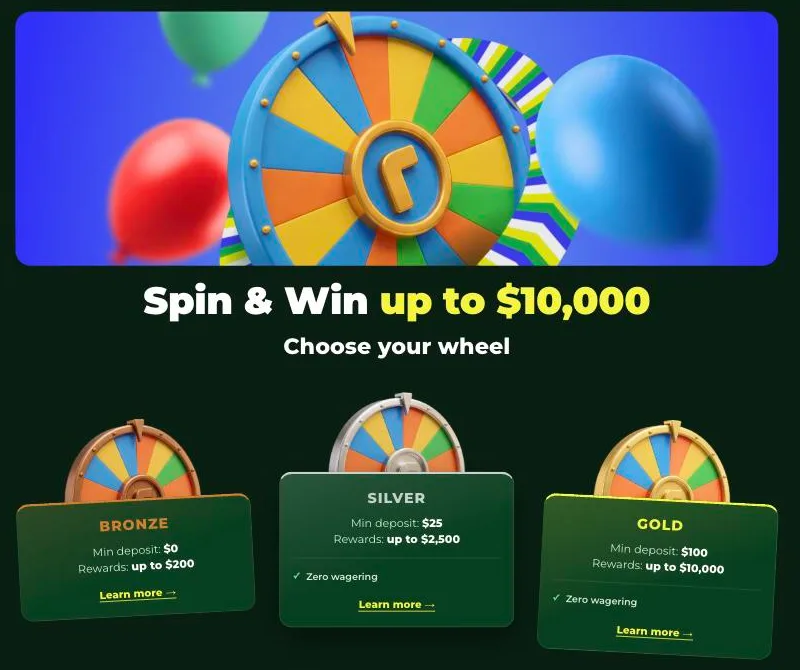 RioPlay Casino Wheel of Fortune page with Bronze, Silver and Gold wheels and rewards up to 10,000 USD