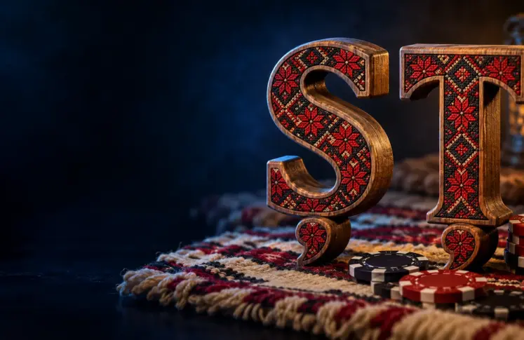 Carved oak letters Ș and Ț with red and black folk embroidery on a wool rug with casino chips