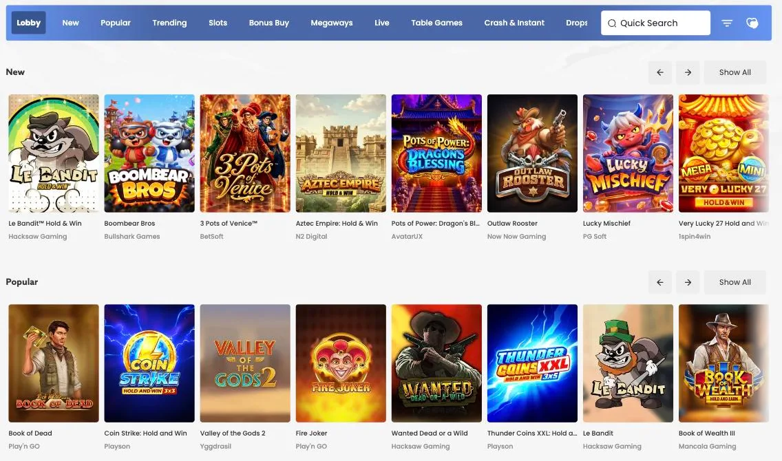 Scatters Casino game lobby with new and popular slots from Hacksaw Gaming, Play n GO, Playson and Yggdrasil
