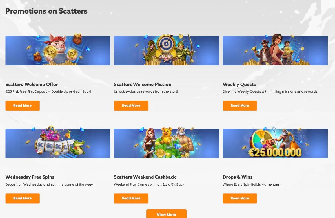Scatters Casino promotions page with the risk free first deposit, welcome mission, weekly quests, Wednesday free spins, weekend cashback and Drops and Wins