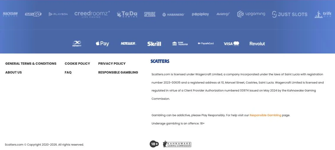 Scatters Casino footer with game providers, payment methods and the Kahnawake Gaming Commission licence text