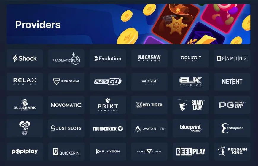 Shock Casino providers page with Shock Originals, Pragmatic Play, Hacksaw Gaming, Nolimit City, BGaming, ELK Studios and NetEnt