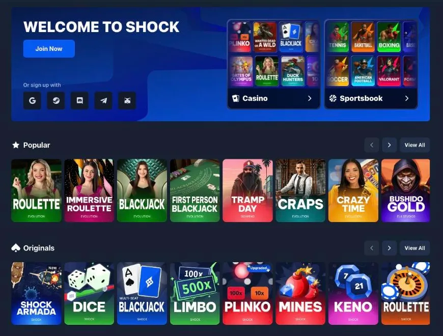 Shock Casino lobby with casino and sportsbook tiles, popular Evolution live tables and the Shock Originals row: Shock Armada, Dice, Blackjack, Limbo, Plinko, Mines, Keno and Roulette