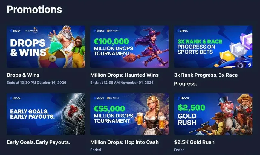 Shock Casino promotions page with Drops and Wins, the €100,000 Haunted Wins tournament, 3x rank and race progress on sports bets and Early Goals Early Payouts