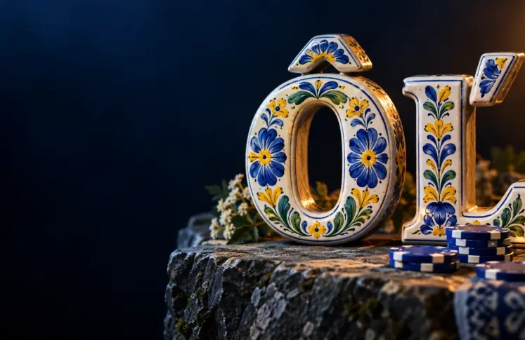 Folk majolica ceramic letters Ô and Ľ on a stone ledge with casino chips