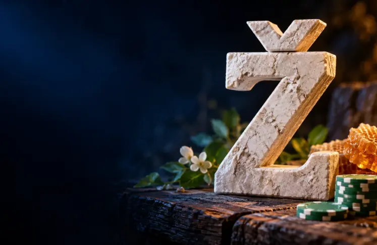 Karst limestone letter Ž on a wooden plank with honeycomb and casino chips
