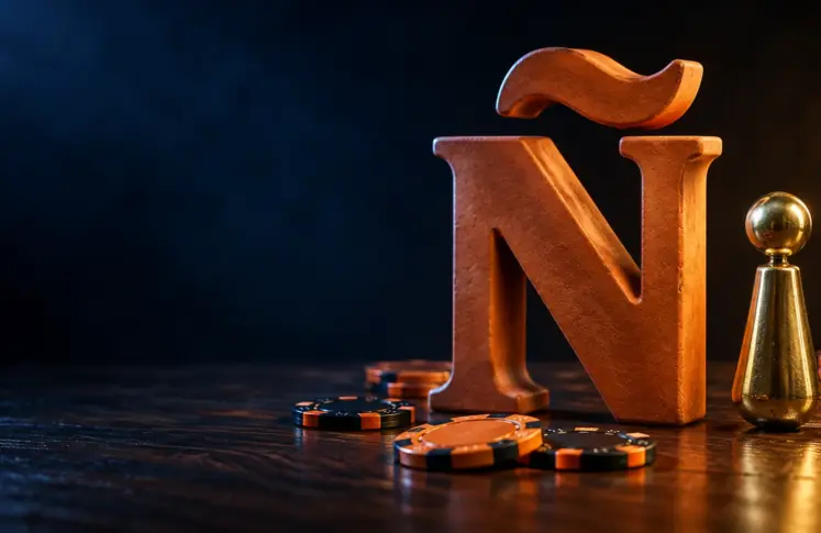 Terracotta letter Ñ and a brass inverted exclamation mark with casino chips on walnut wood, header for Spanish language online casinos