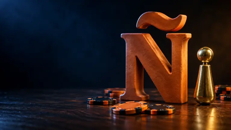 Terracotta letter Ñ and a brass inverted exclamation mark with casino chips on walnut wood, header for Spanish language online casinos