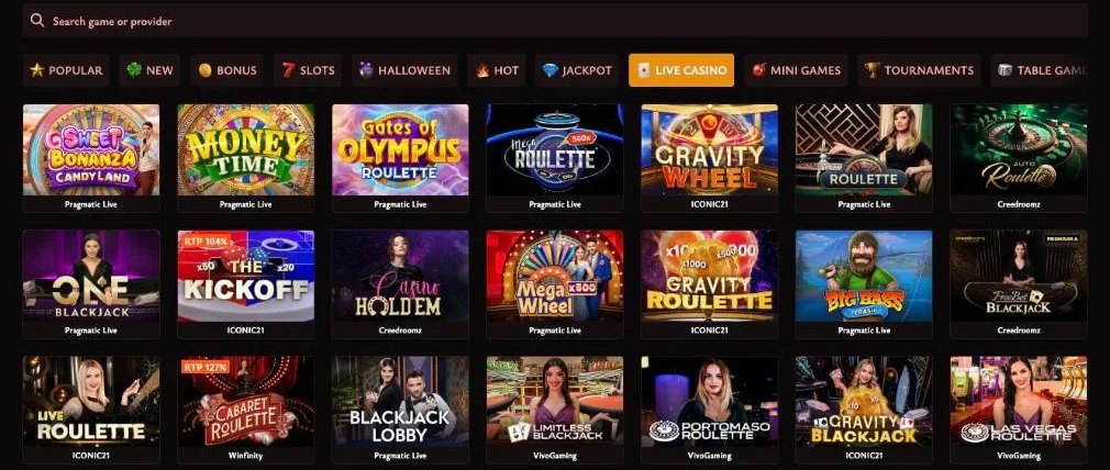 Live casino lobby with Pragmatic Live, ICONIC21, Creedroomz and Vivo Gaming tables