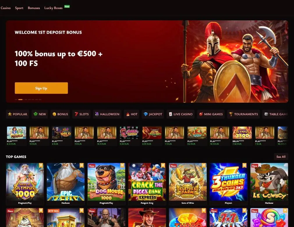 Spartibet Casino lobby with the first deposit bonus banner and the top games row