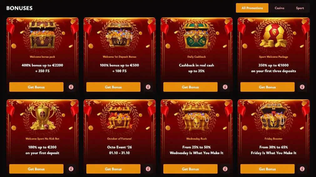 Spartibet promotions page with the welcome pack, daily cashback and weekday boosters