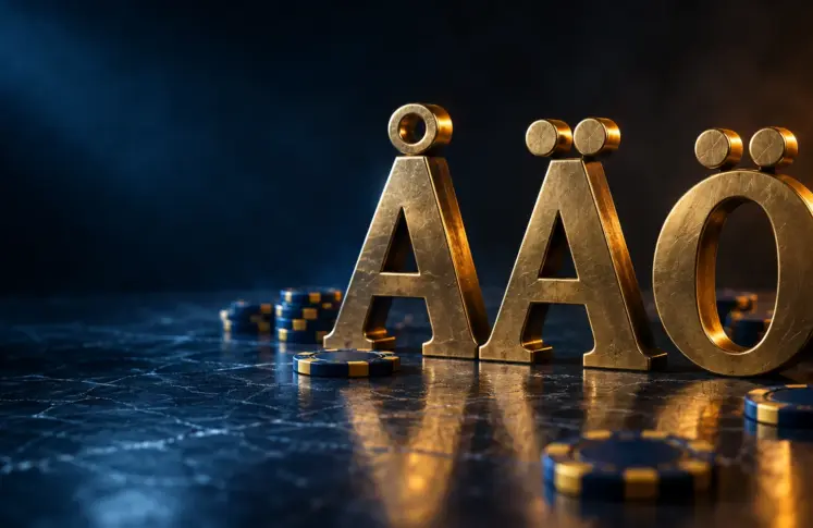 Brass letters Å, Ä and Ö with blue and gold casino chips on dark slate, header for Swedish language online casinos
