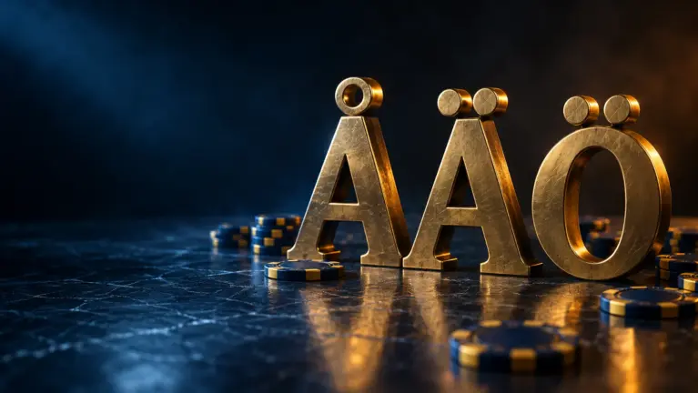 Brass letters Å, Ä and Ö with blue and gold casino chips on dark slate, header for Swedish language online casinos