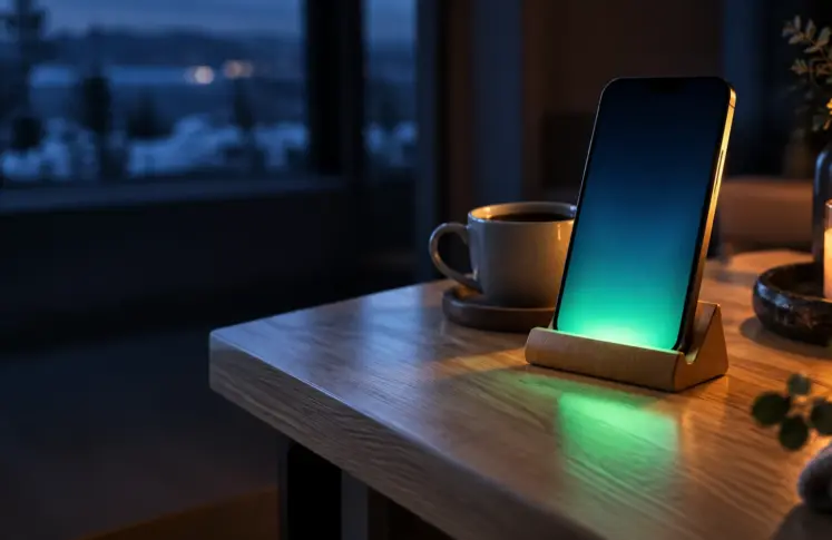 Swish casinos header: a smartphone with a green glow on an oak table beside a cup of coffee
