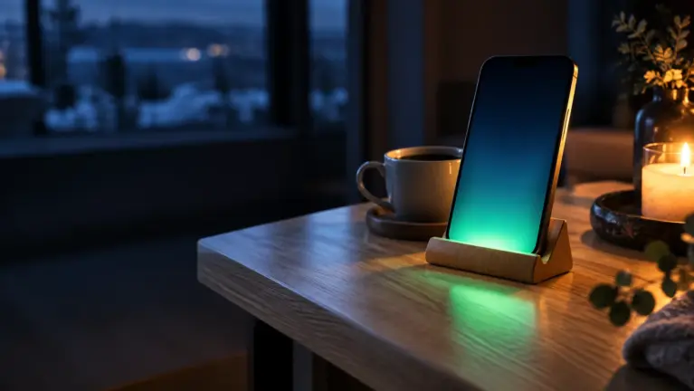 Swish casinos header: a smartphone with a green glow on an oak table beside a cup of coffee
