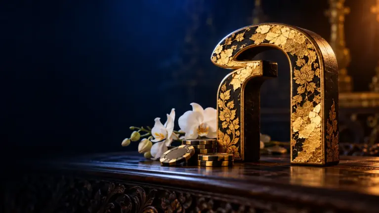 Thai letter ก in gold leaf on black lacquered teak with white orchids and casino chips