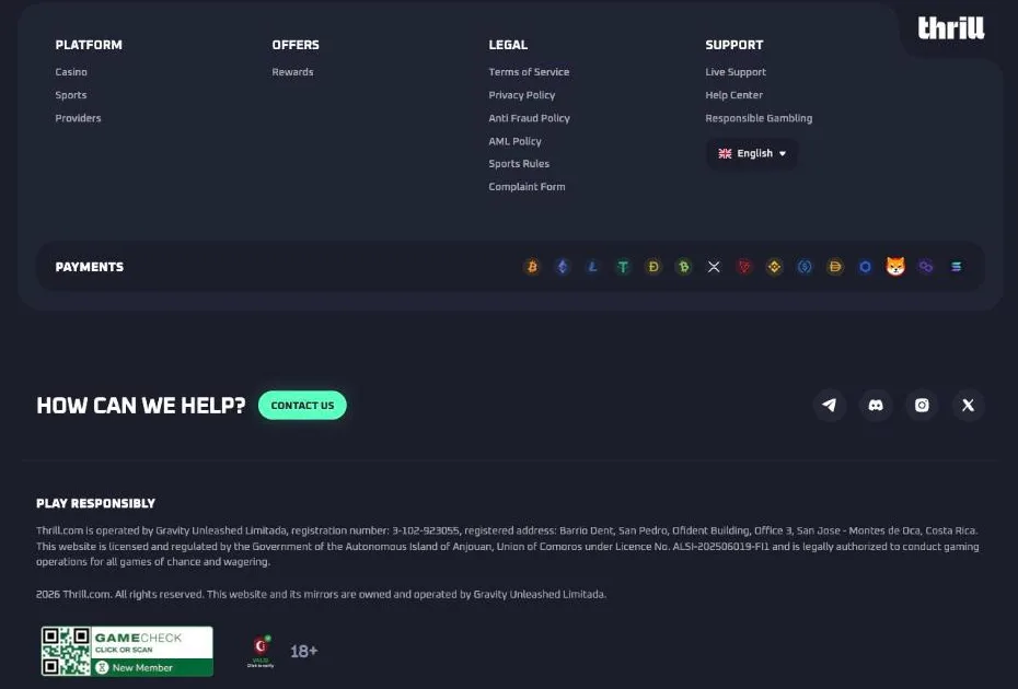 Thrill footer naming Gravity Unleashed Limitada in Costa Rica and Anjouan licence ALSI-202506019-FI1, plus the crypto payment icons