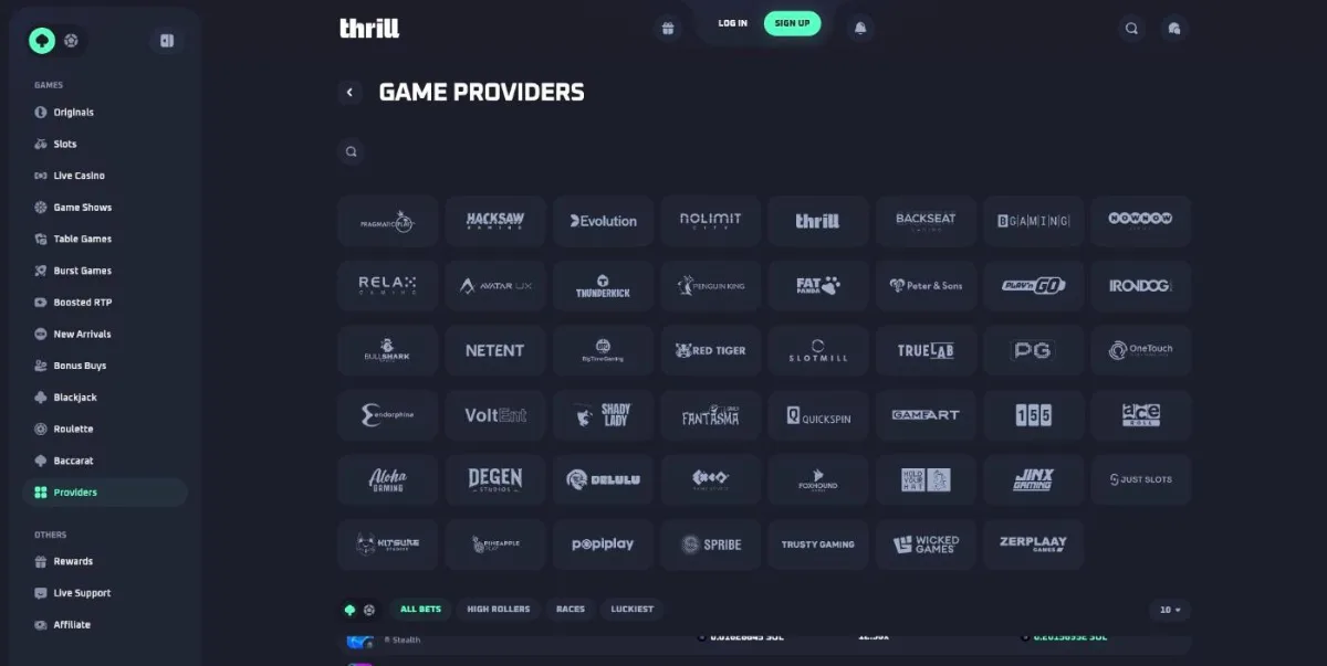 Thrill Casino game providers page with 47 studios including Pragmatic Play, Hacksaw Gaming, Evolution and Nolimit City