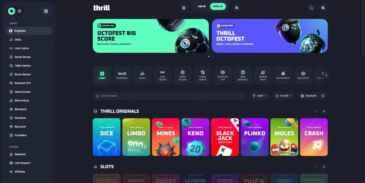 Thrill Casino lobby with Octofest promotions and the Thrill Originals row: Dice, Limbo, Mines, Keno, Blackjack, Plinko, Moles and Crash