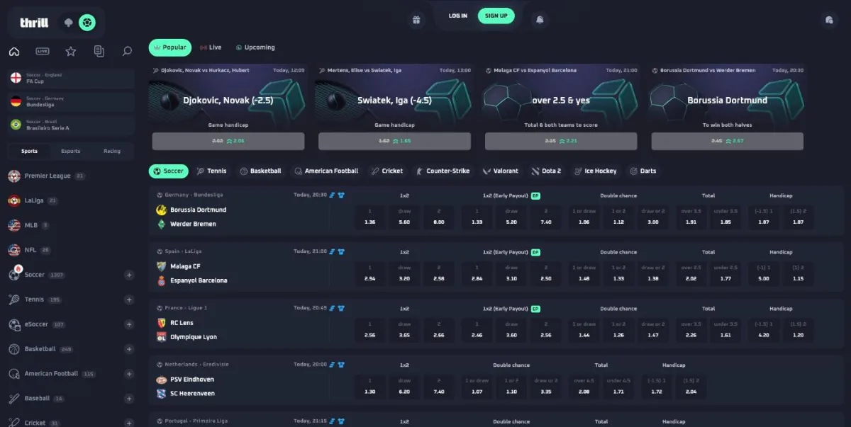 Thrill sportsbook with featured boosted bets, football odds with early payout and tabs for tennis, basketball, Counter-Strike and Dota 2