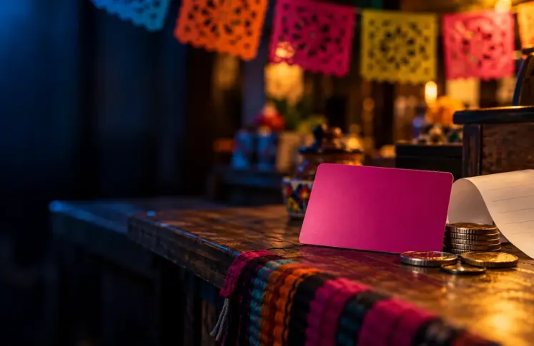 Todito Cash casinos header: a magenta prepaid card, coins and a receipt on a shop counter under papel picado