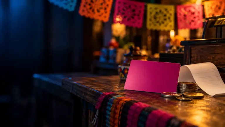 Todito Cash casinos header: a magenta prepaid card, coins and a receipt on a shop counter under papel picado
