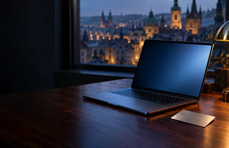 TrustPay casinos header: a laptop and a silver bank card on a desk with old town rooftops behind