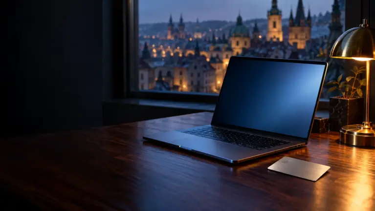 TrustPay casinos header: a laptop and a silver bank card on a desk with old town rooftops behind