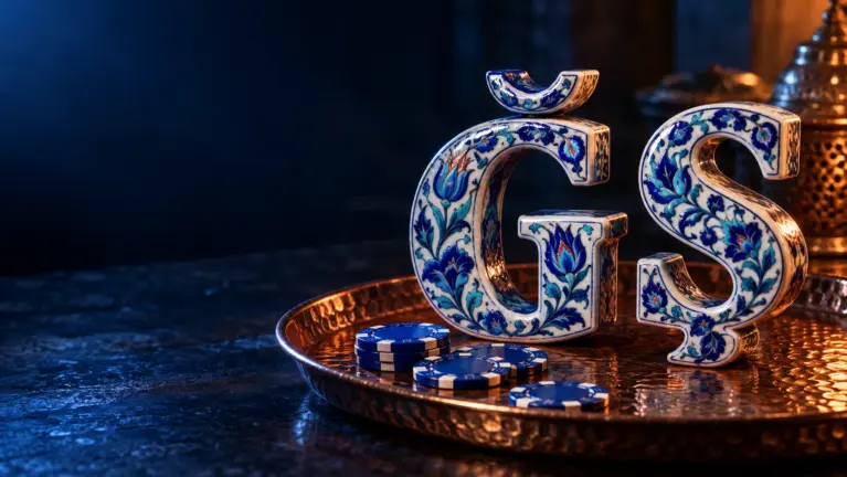 Turkish letters Ğ and Ş in Iznik style ceramic on a copper tray with casino chips
