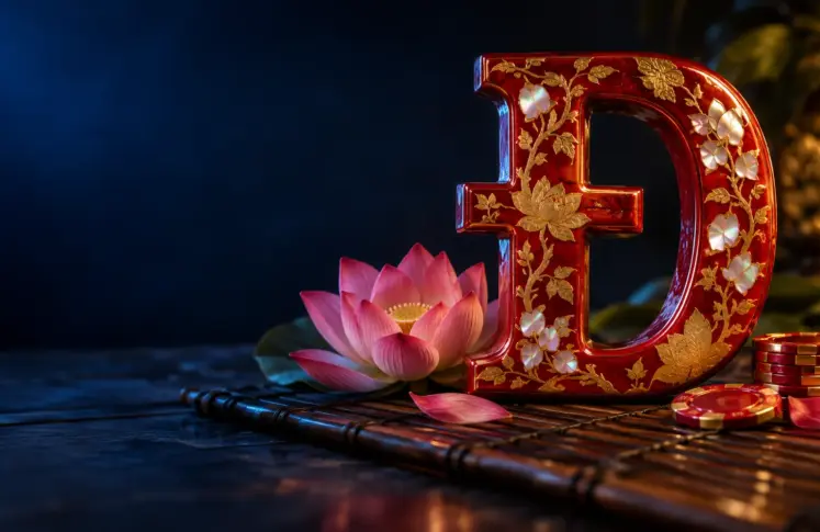 Red lacquer letter Đ with gold leaf and mother of pearl beside a lotus and casino chips